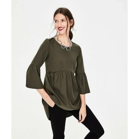Boden Shirt 12 Curved Seam Tunic Olive Green Mineral Wash Bell Sleeves Boho - Picture 1 of 12
